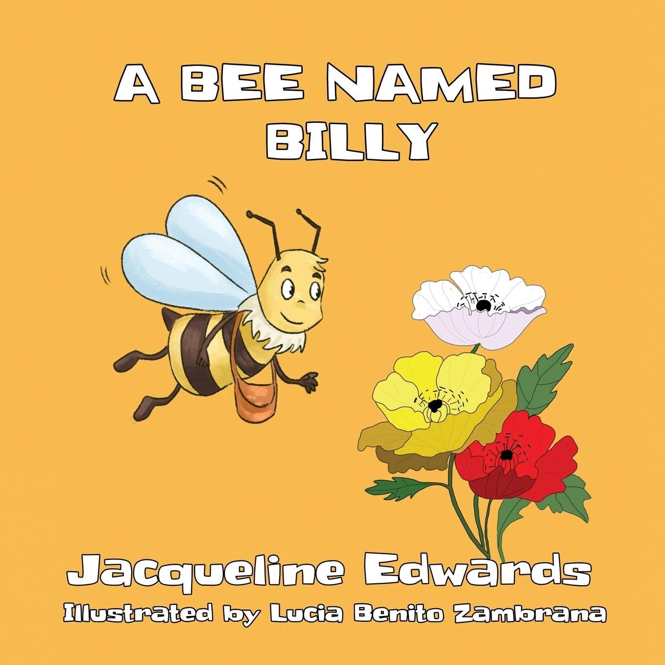 A book cover showing a friendly bee, hovering over three flowers